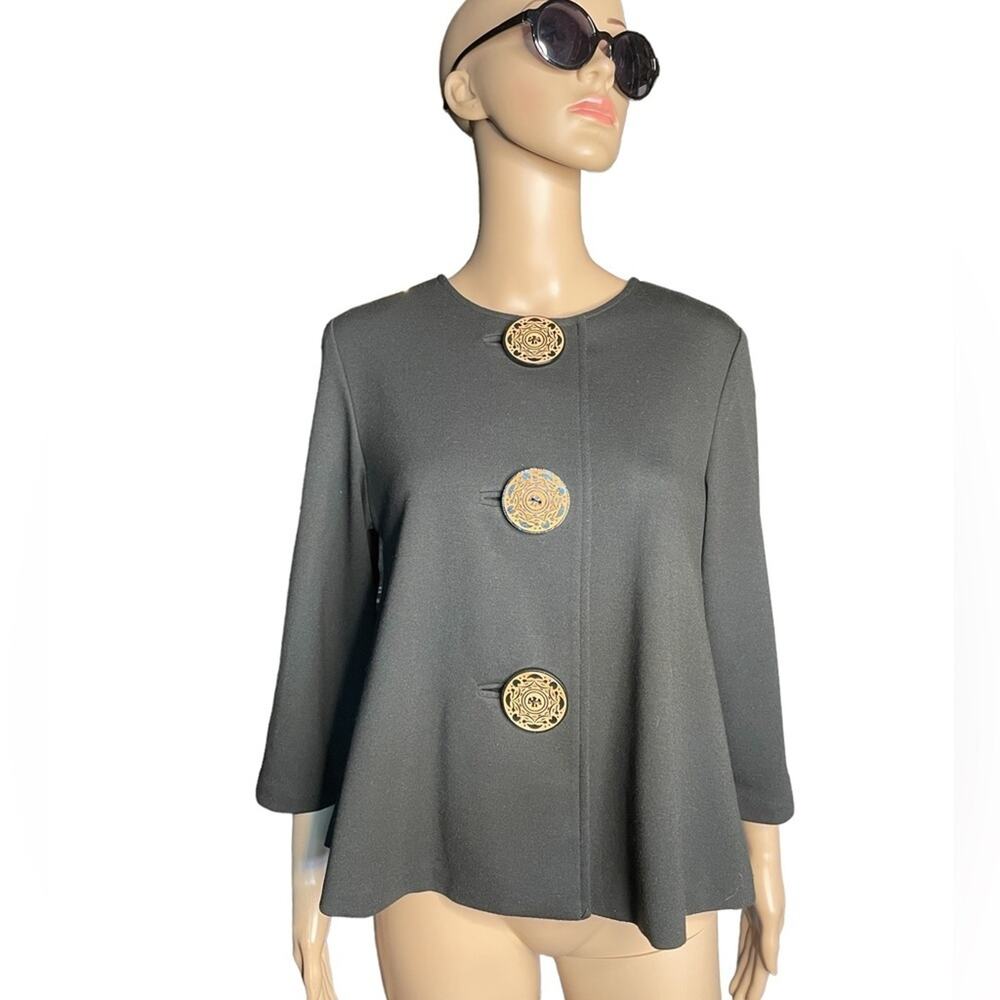 Vintage Coldwater Creek Blazer Career Formal Big Wood Buttons Stretch Top Gray